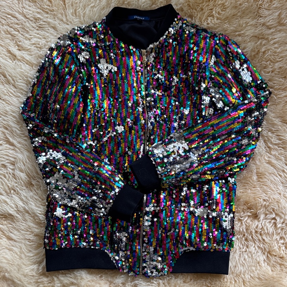 Cresay Women’s Multicolor Full Zip Sequined Bomber Jacket